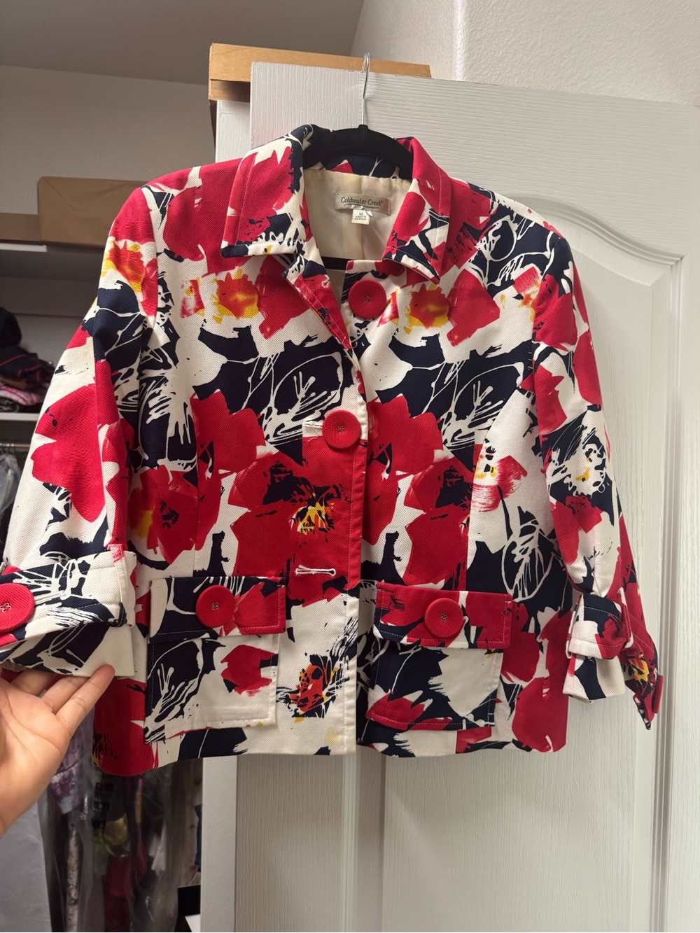 Coldwater Creek Red, Navy & White Floral Short Blazer